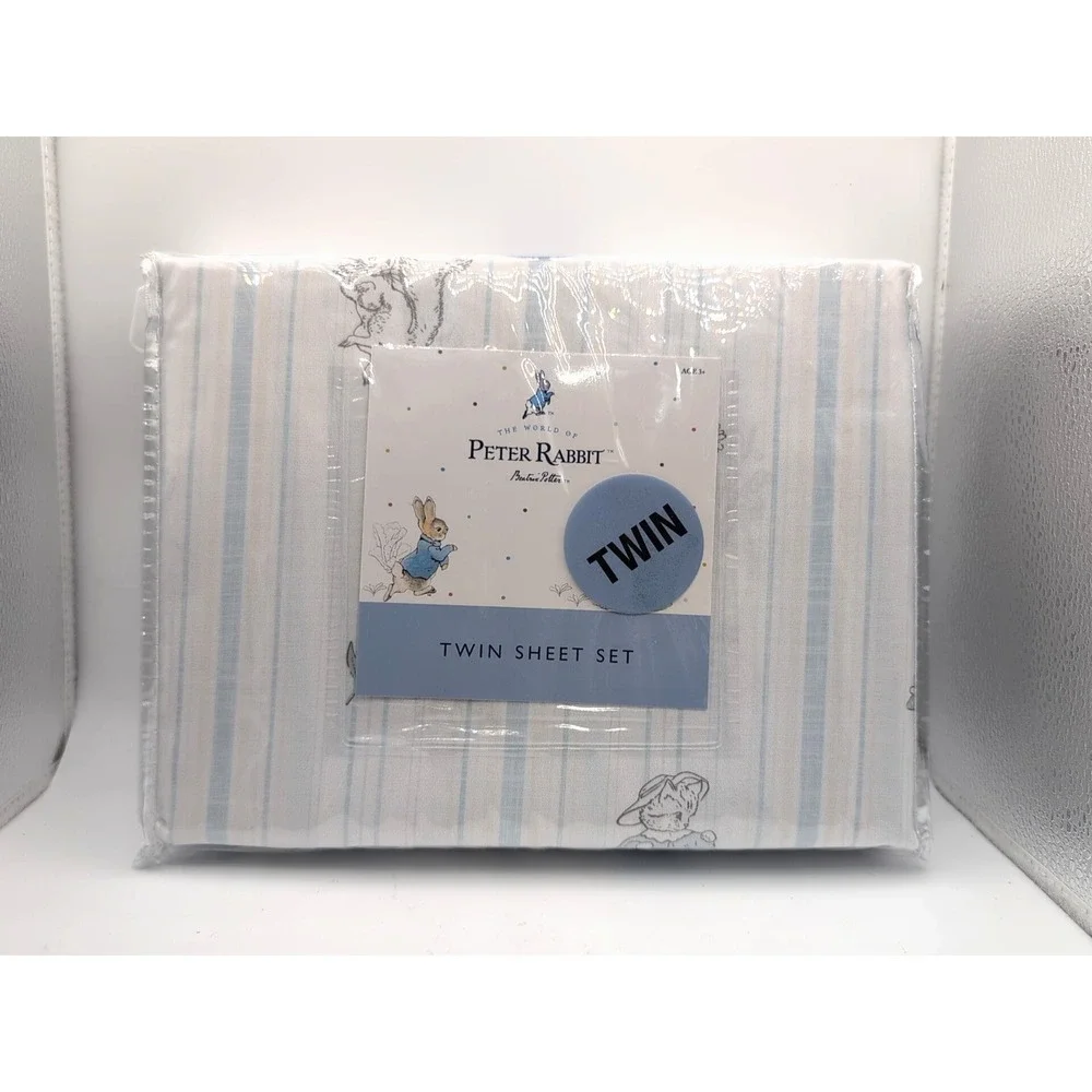 Beatrix Potter Peter Rabbit White Blue Stripe 3pc Twin Size Sheet Set Spring